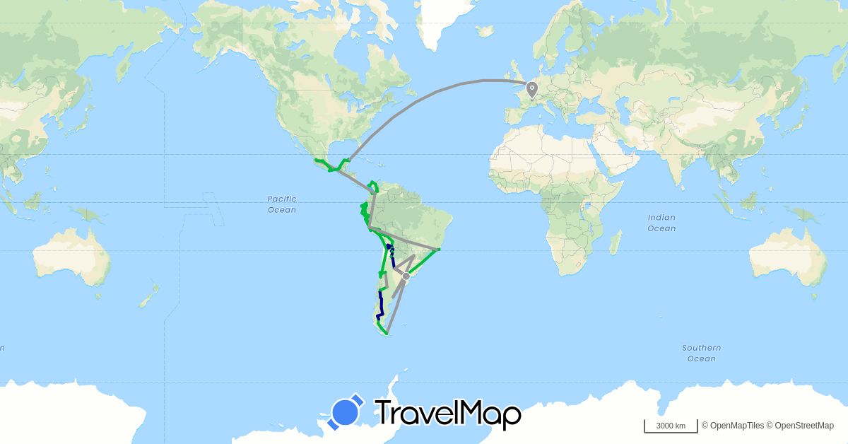 TravelMap itinerary: driving, bus, plane, cycling, hiking, boat in Argentina, Belgium, Bolivia, Brazil, Chile, Colombia, Ecuador, France, Mexico, Peru (Europe, North America, South America)